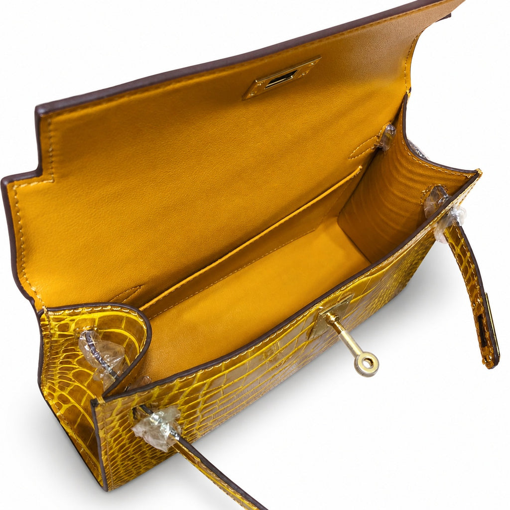 Kelly Pochette Jaune Ambre Shiny Niloticus Crocodile Leather Palladium Hardware Women Clutch Bag