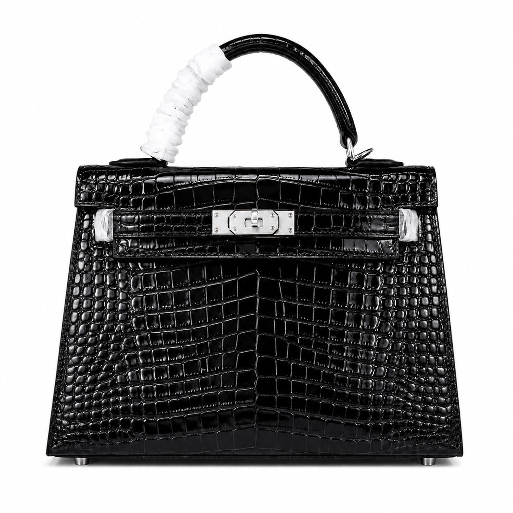Kelly Sellier 22cm Noir Shiny Crocodile Leather Gold Hardware & Palladium Hardware Women Handbag