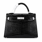 Kelly Sellier 22cm Noir Shiny Crocodile Leather Gold Hardware & Palladium Hardware Women Handbag