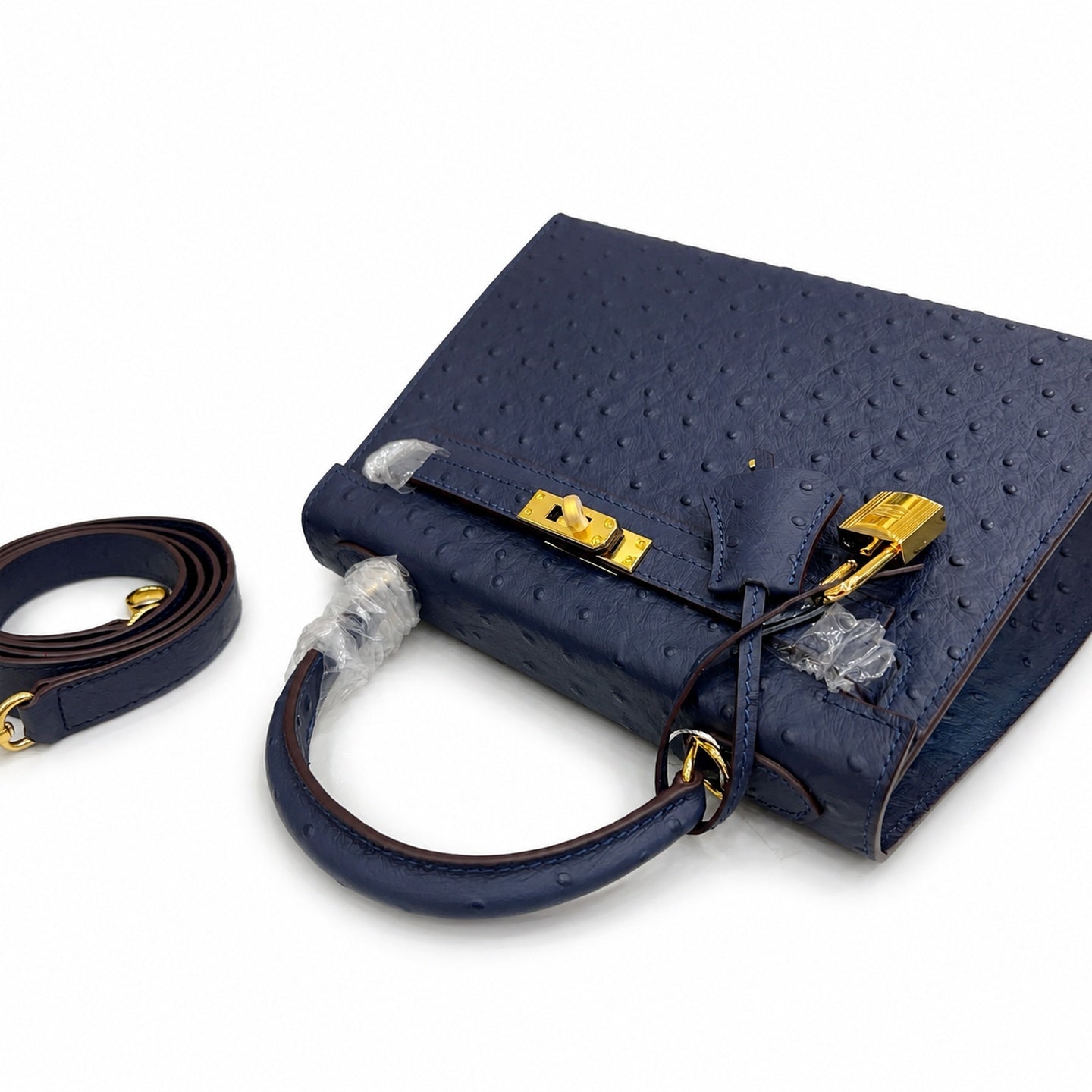 elly Sellier 25cm Bleu Nuit Ostrich Gold Hardware Luxury Commute Handbag