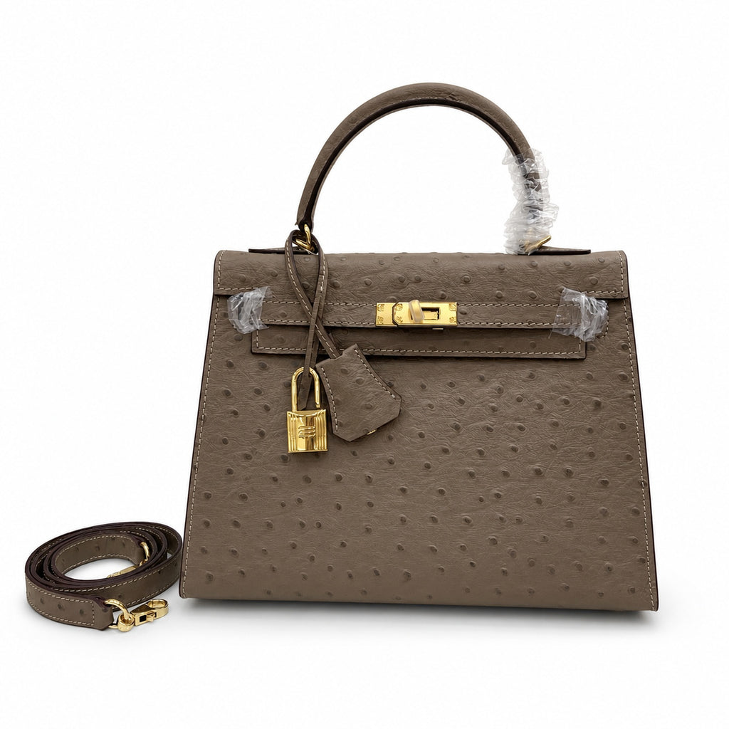 Hermès Kelly Sellier 25 Ostrich Etoupe Gold Hardware