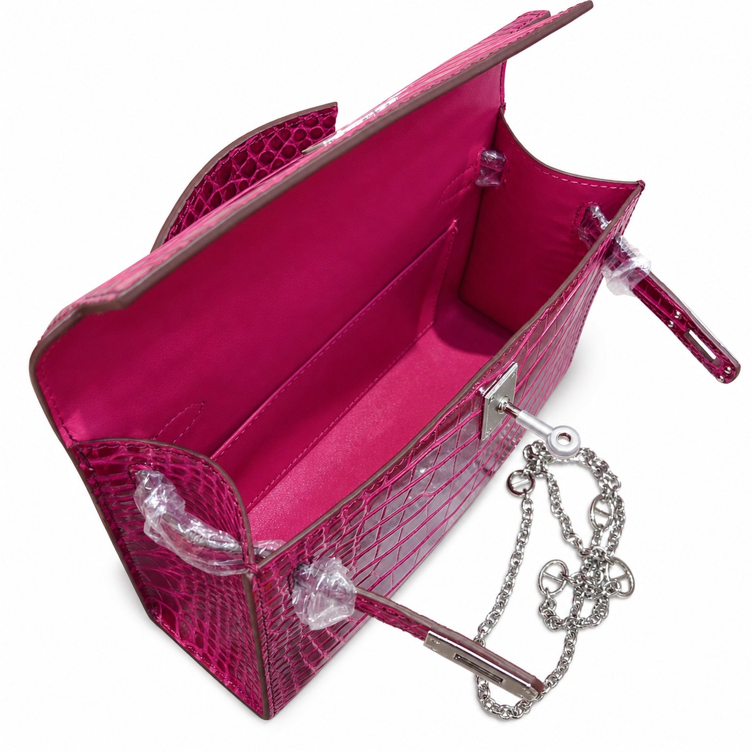 Kelly Pochette Fuchsia Shiny Niloticus Crocodile Leather Palladium Hardware Women Clutch Bag
