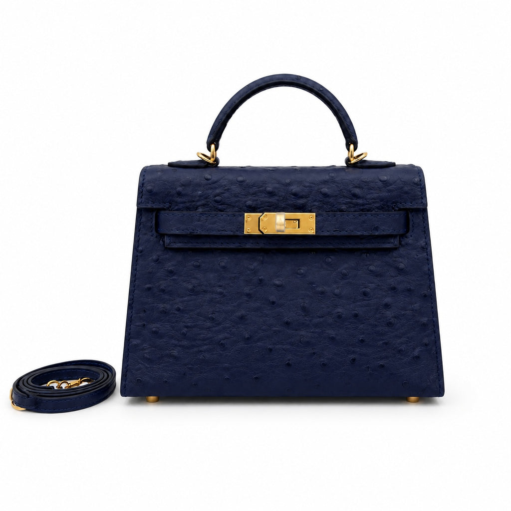 Mini Kelly Sellier 19cm Bleu Nuit Ostrich Leather Gold Hardware Women Mini Handbag