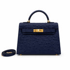 Mini Kelly Sellier 19cm Bleu Nuit Ostrich Leather Gold Hardware Women Mini Handbag