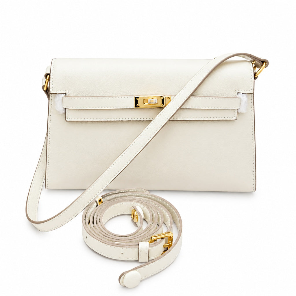 Kelly Elan 25 Underarm Baguette Bag, Genuine Top Layer Cowhide with Goat Grain, Gold Hardware Minimalist Off White Shoulder Handbag, Size 25×6.5×15cm Elegant Soft Tone Daily Purse for Women