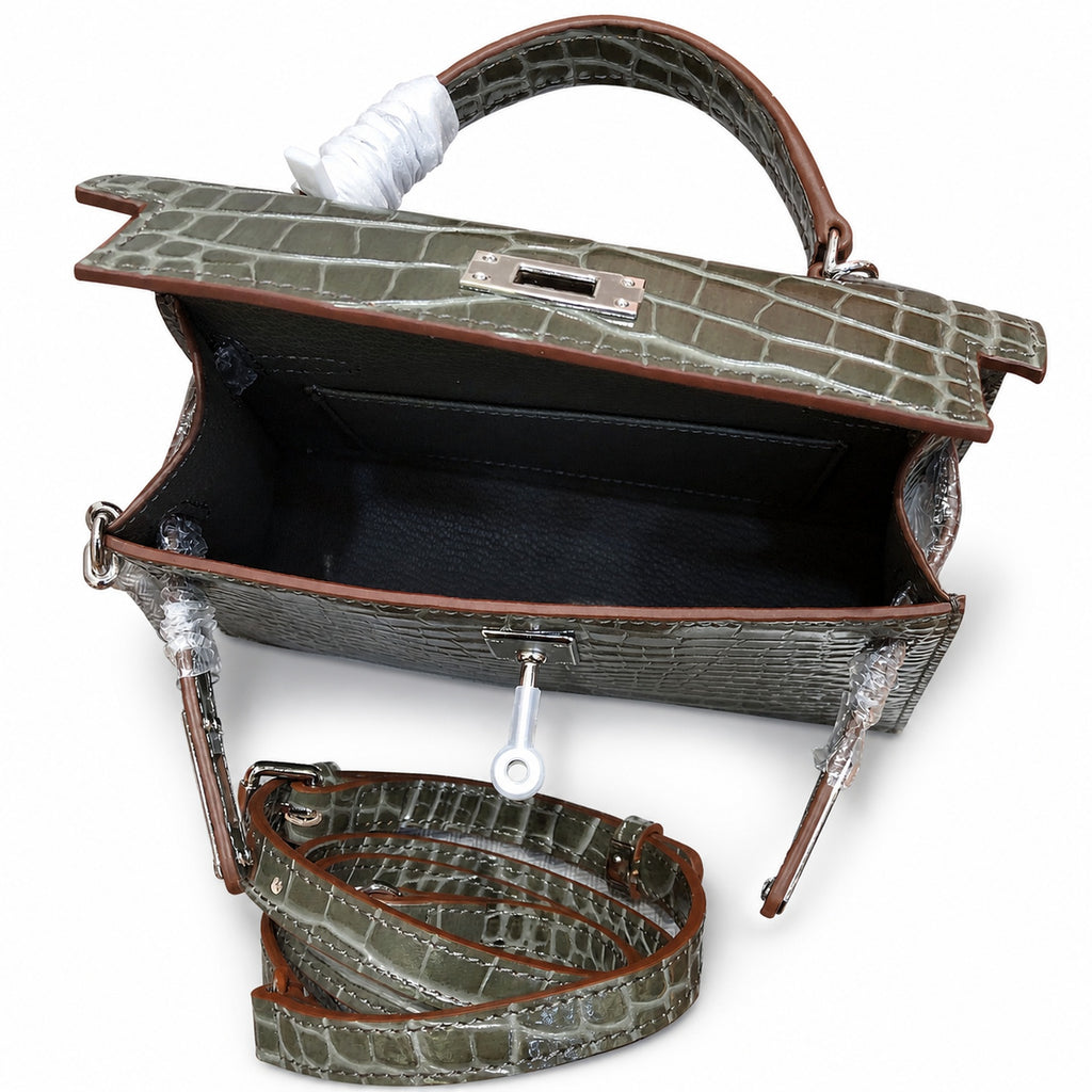 Kelly Sellier 19cm Gris Elephant Shiny Crocodile Leather Gold Hardware & Palladium Hardware Women Handbag