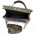 Kelly Sellier 19cm Gris Elephant Shiny Crocodile Leather Gold Hardware & Palladium Hardware Women Handbag
