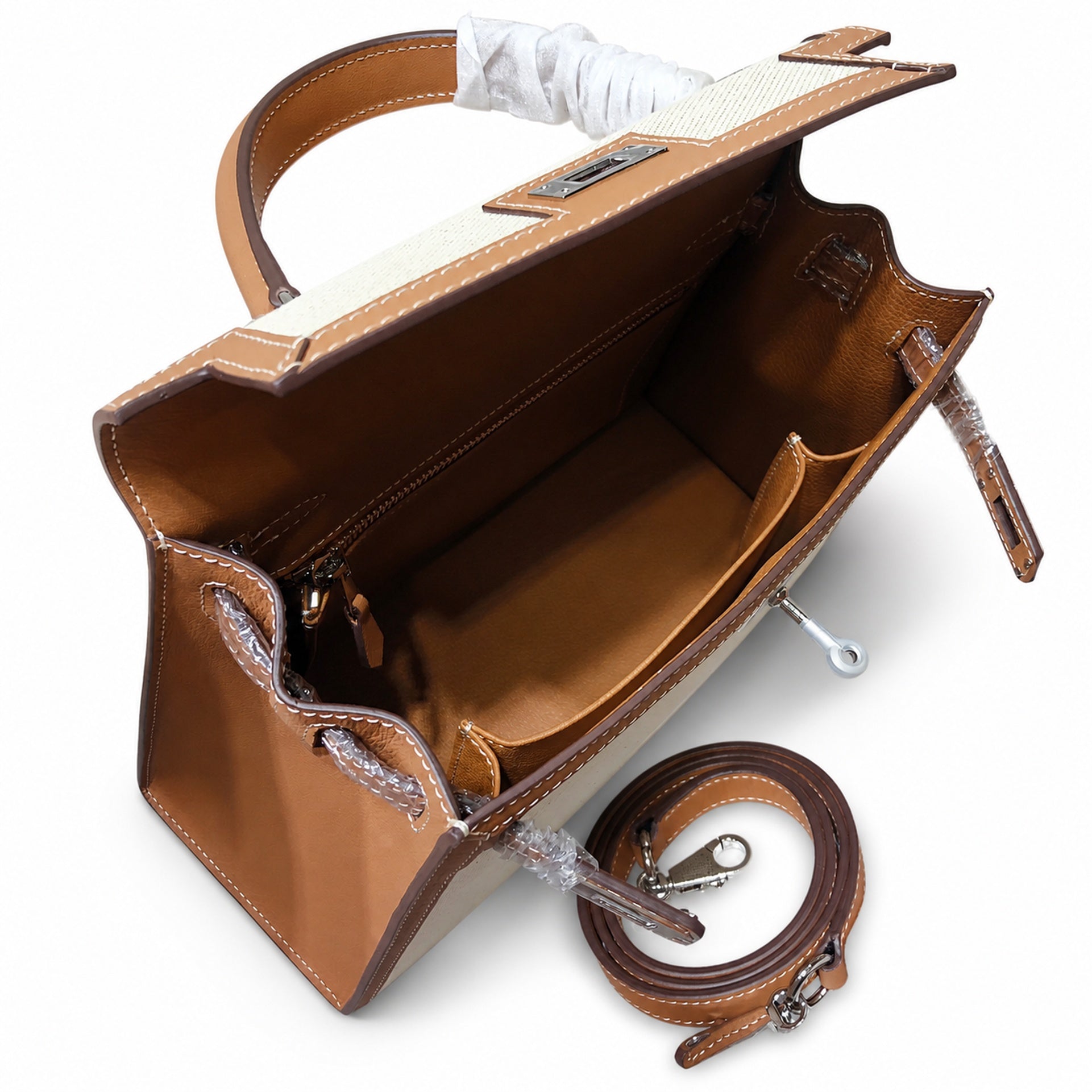 Kelly 25 Bag With Outside Stitching Constructed Of Patchwork Canvas & Premium Soft Swift Leather, Rich Warm Brown Tone Delivers Full-Bodied Vintage Luxury Texture Dimensions: Length 25 * Width 10 * Height 18cm