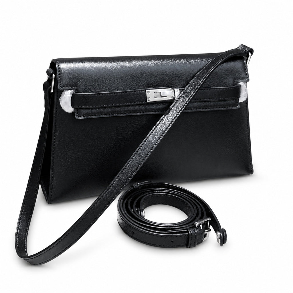 Kelly Elan 25 Underarm Baguette Bag, Genuine Top Layer Cowhide Goat Grain Leather, Silver Hardware Black Unisex Shoulder Purse, Multiway Crossbody Handheld Daily Bag, High Practical Daily Bag Size 25×6.5×15cm