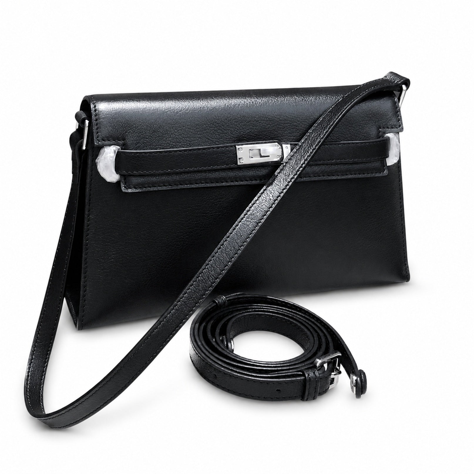 Kelly Elan 25 Underarm Baguette Bag, Genuine Top Layer Cowhide Goat Grain Leather, Silver Hardware Black Unisex Shoulder Purse, Multiway Crossbody Handheld Daily Bag, High Practical Daily Bag Size 25×6.5×15cm
