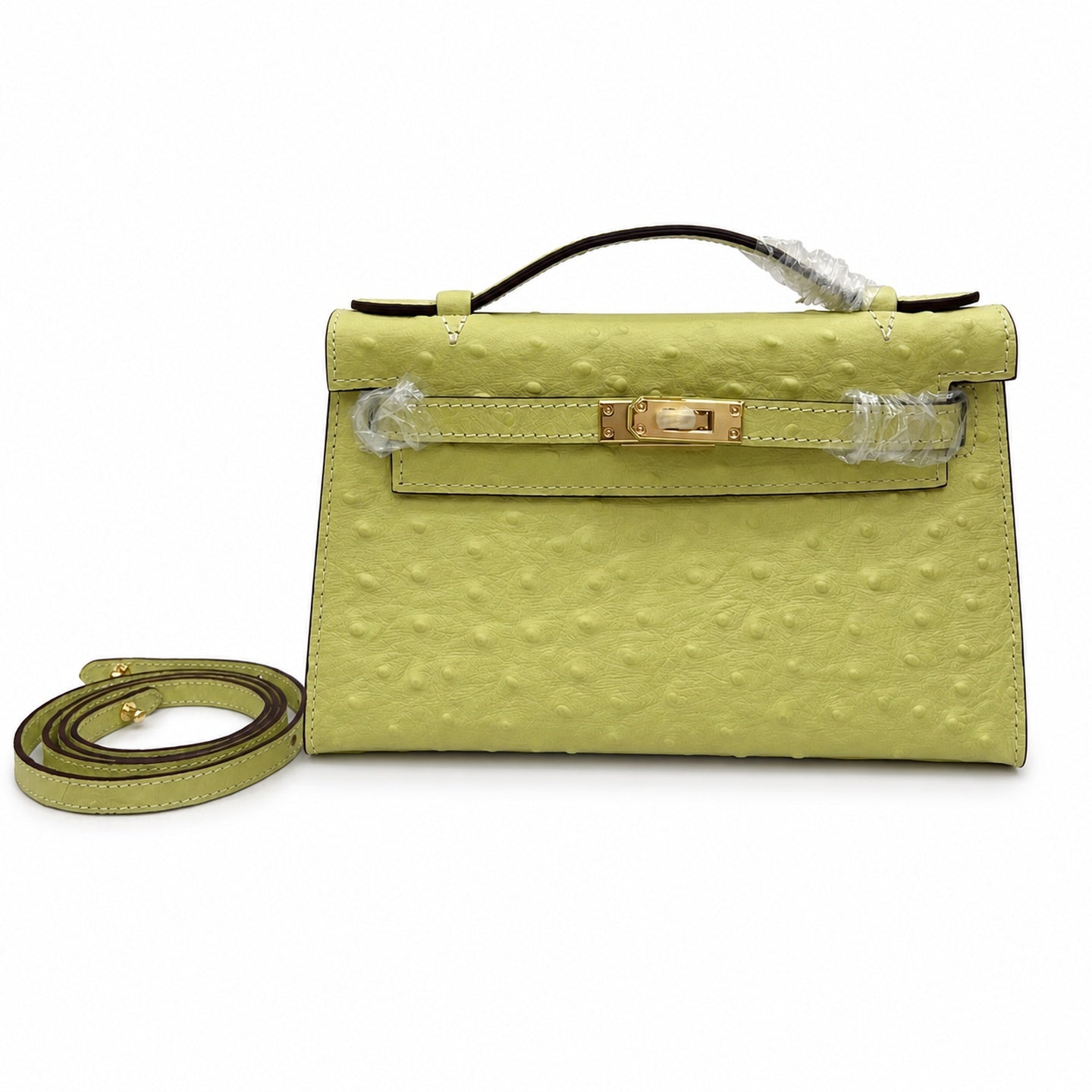 Mini Kelly II Sellier 19cm & 22cm Jaune Citron Ostrich Leather Gold Hardware Women Mini Handbag