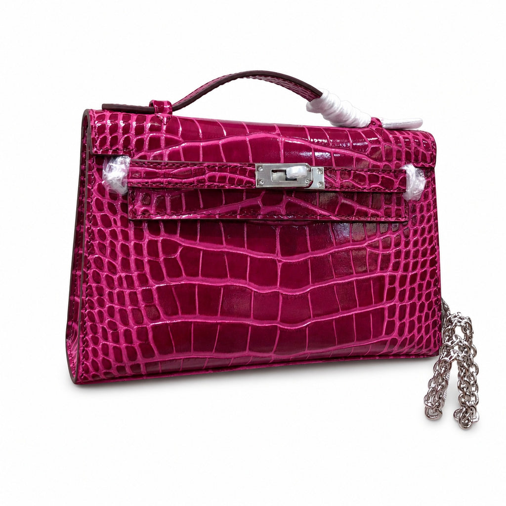Kelly Pochette Fuchsia Shiny Niloticus Crocodile Leather Palladium Hardware Women Clutch Bag