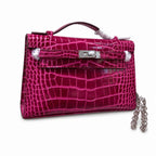 Kelly Pochette Fuchsia Shiny Niloticus Crocodile Leather Palladium Hardware Women Clutch Bag