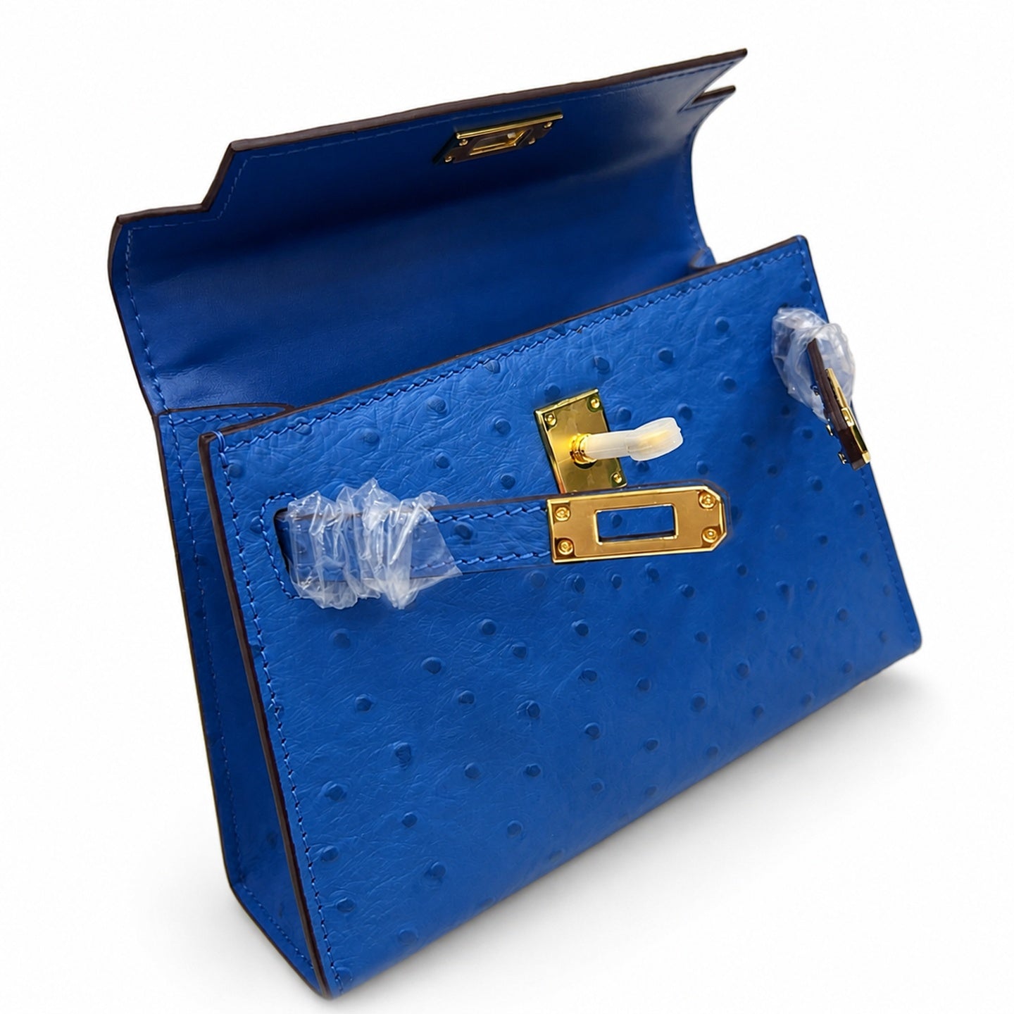 Mini Kelly II 19cm Sellier Bleu Electrique Ostrich Gold Hardware Luxury Crossbody Handbag