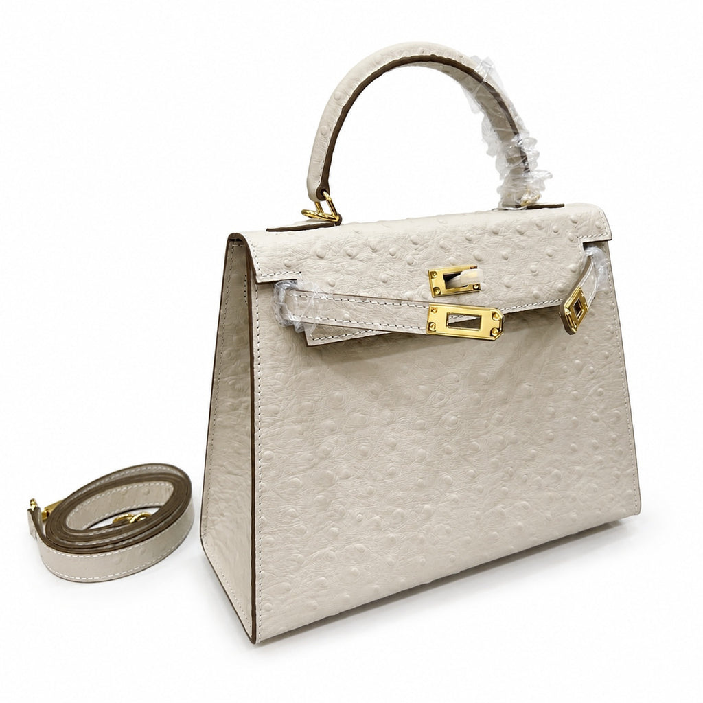 Kelly Sellier 25cm Craie Ostrich Gold Hardware Premium Women Shoulder Purse