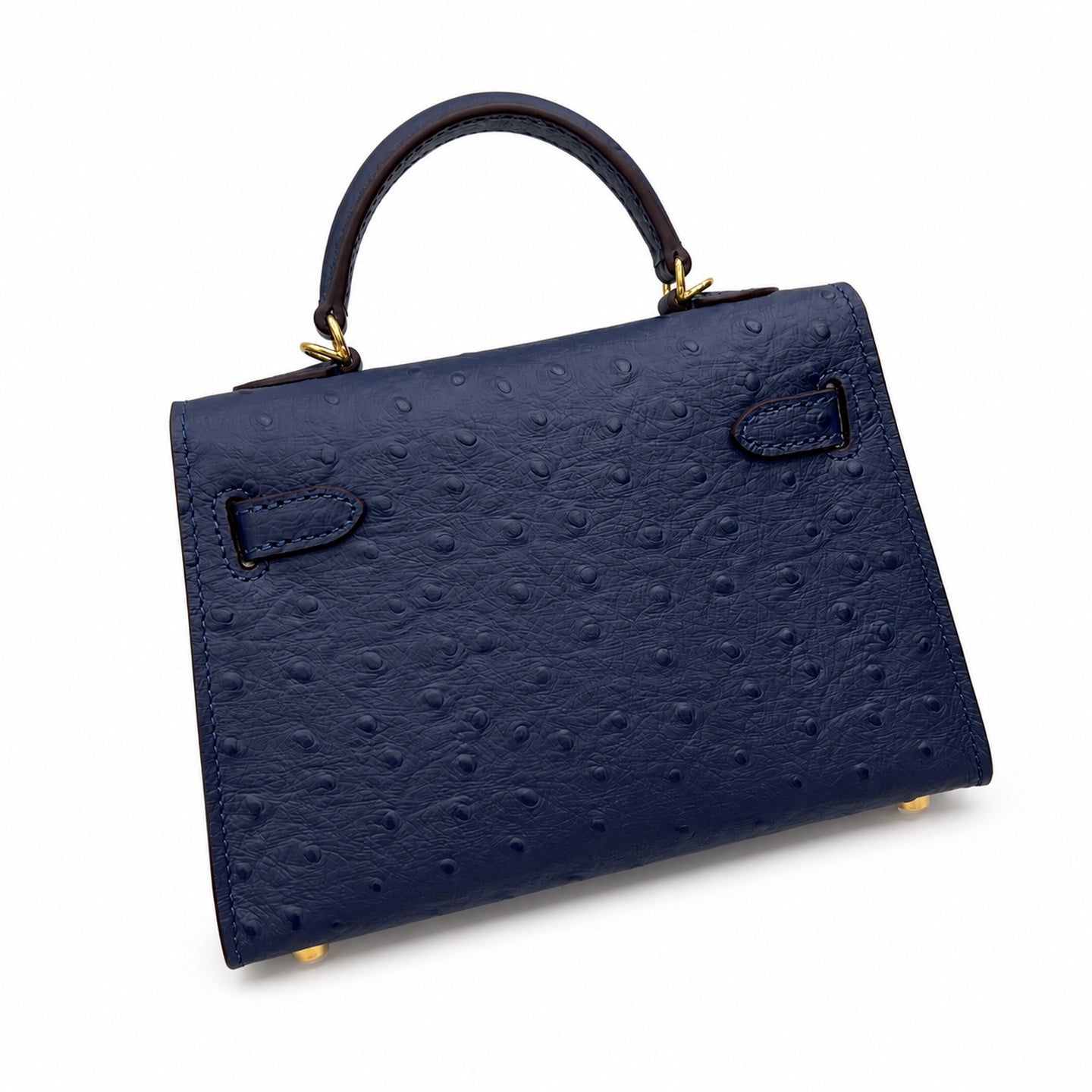 Mini Kelly Sellier 19cm Bleu Nuit Ostrich Leather Gold Hardware Women Mini Handbag