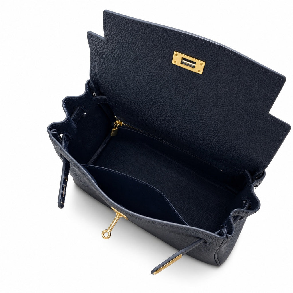 Kelly Sellier 20cm & 25cm & 28cm Bleu Nuit Togo Leather Gold Hardware Women Handbag