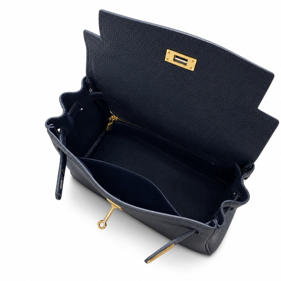 Kelly Sellier 20cm & 25cm & 28cm Bleu Nuit Togo Leather Gold Hardware Women Handbag