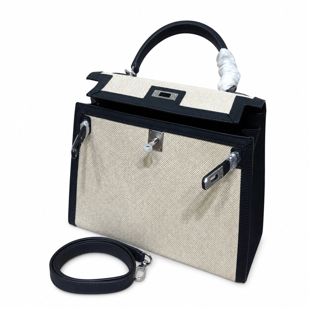 Top Selling Kelly 25 Bag With Outside Stitching, Made Of Textured Canvas & Soft Swift Leather Patchwork, Classic Black Silver Hardware Combination, Stunning Mixed Material Texture Dimensions: Length 25 * Width 10 * Height 18cm