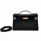 Mini Kelly Sellier 22cm Noir Ostrich Leather Gold Hardware Women Mini Handbag