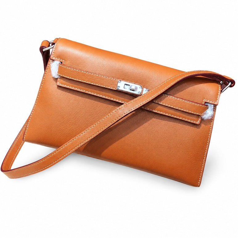 Kelly Elan 25 Underarm Baguette Bag, Genuine Top Layer Cowhide Goat Grain Leather, Silver Hardware Caramel Brown Shoulder Purse, Vintage Classic Fall Winter Must-Have Handbag Size 25×6.5×15cm