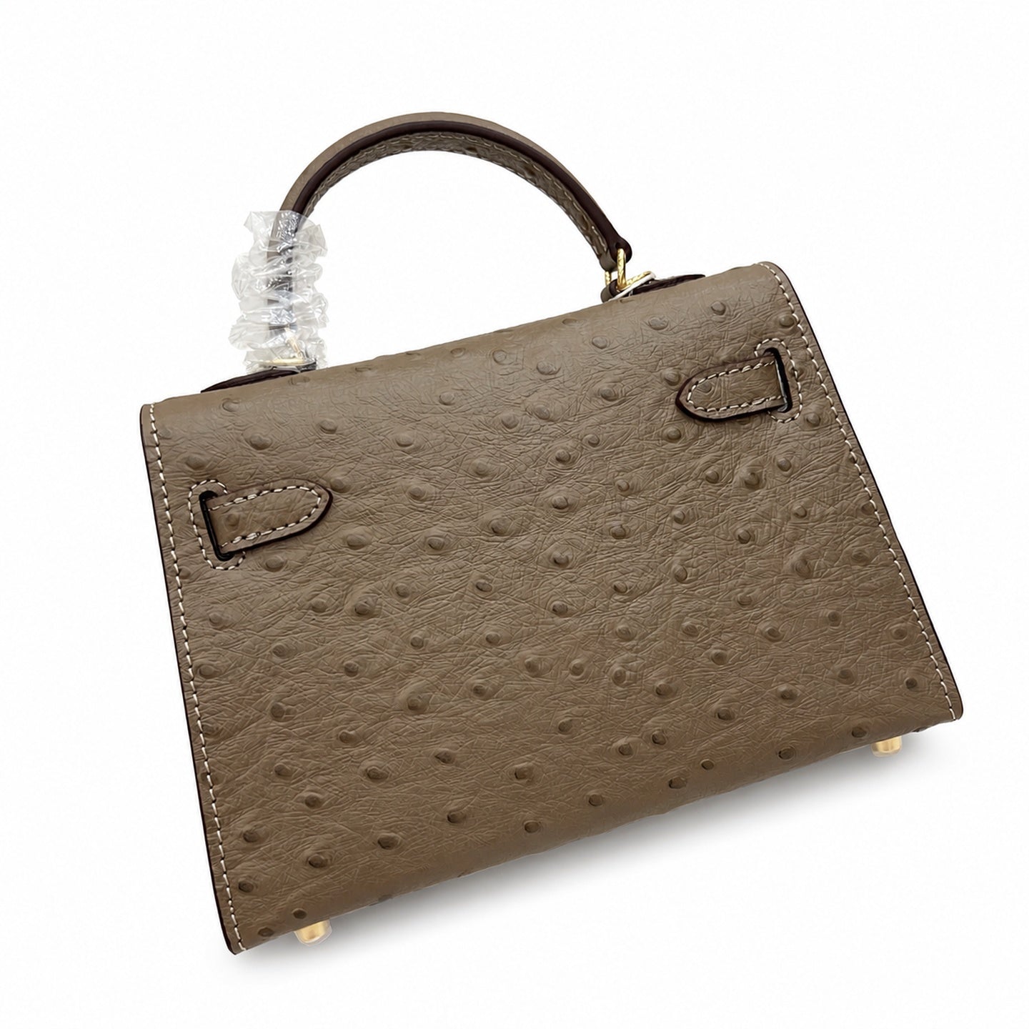Mini Kelly II 19cm Sellier Etoupe Ostrich Gold Hardware Designer Mini Shoulder Purse