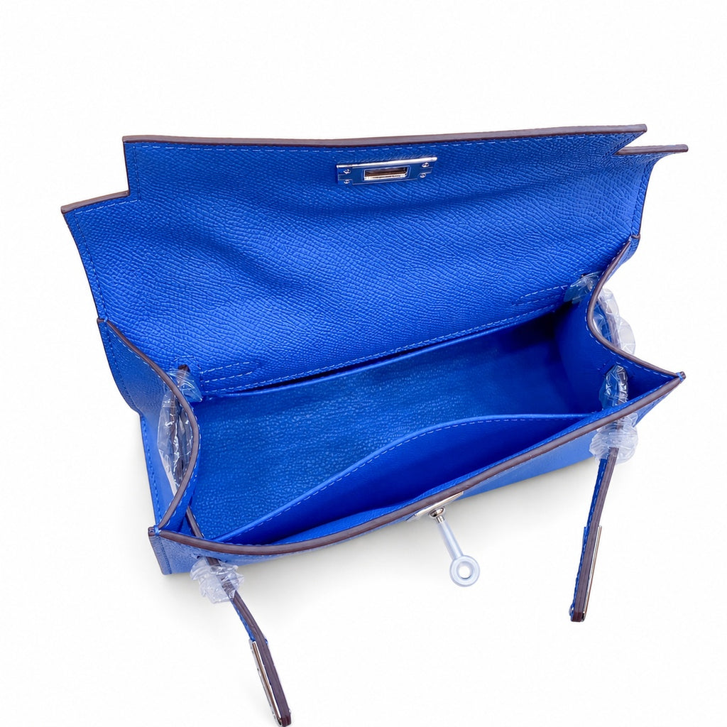 Mini Kelly II Sellier 19cm & 22cm Bleu Electrique Epsom Leather Palladium Hardware Women Mini Handbag With Extra Fabric Strap