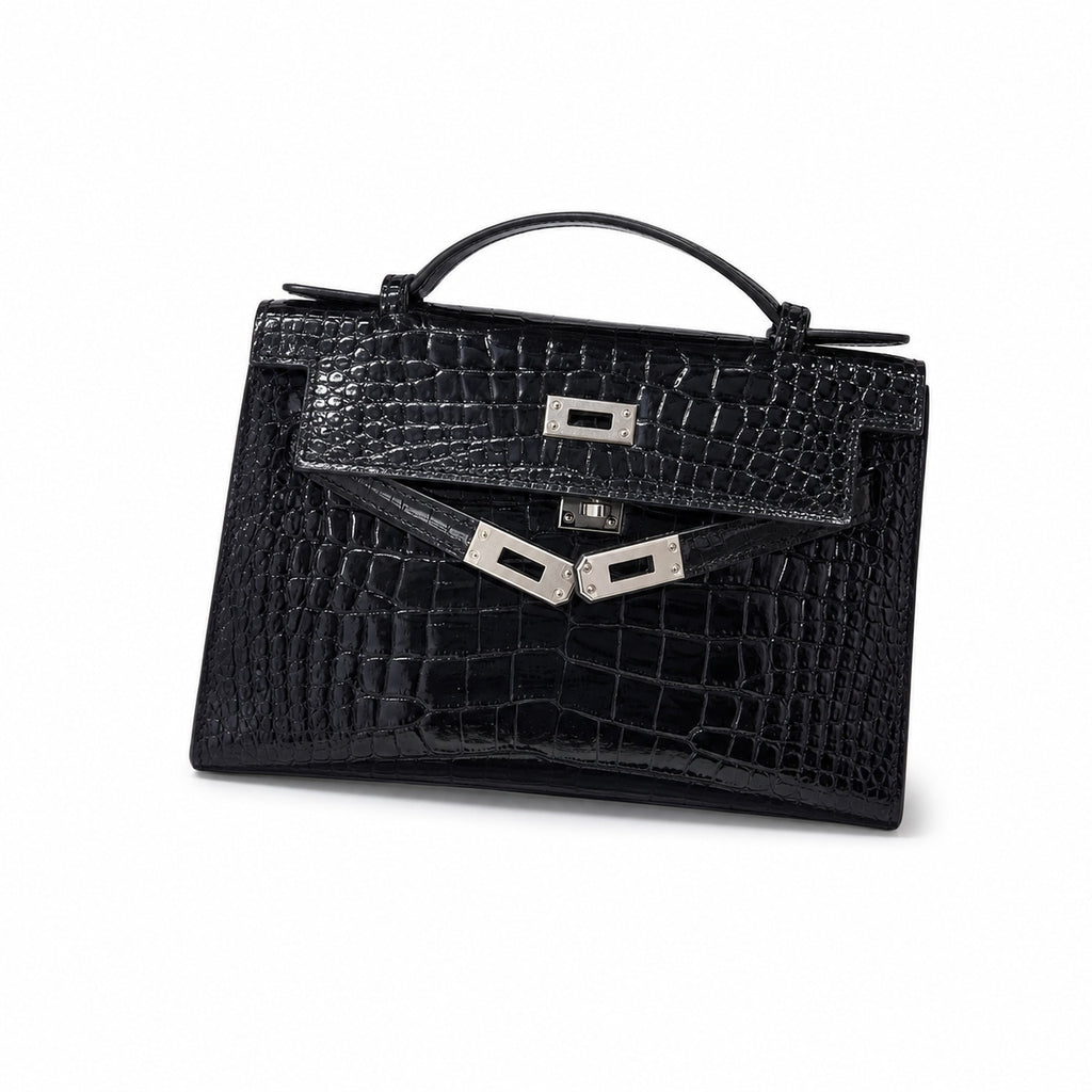 Kelly Pochette Noir Shiny Niloticus Crocodile Leather Palladium Hardware & Palladium Hardware Women Clutch Bag