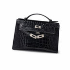 Kelly Pochette Noir Shiny Niloticus Crocodile Leather Palladium Hardware & Palladium Hardware Women Clutch Bag