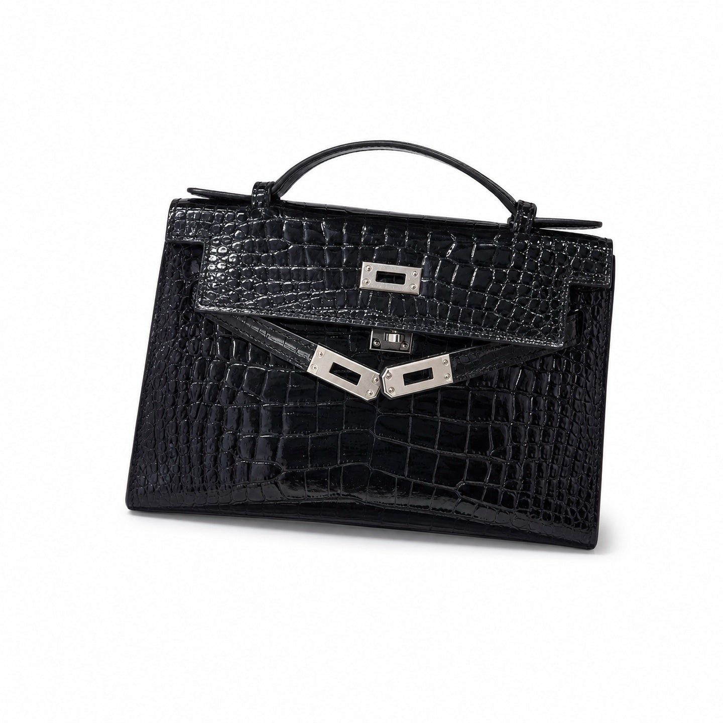 Kelly Pochette Noir Shiny Niloticus Crocodile Leather Palladium Hardware & Palladium Hardware Women Clutch Bag