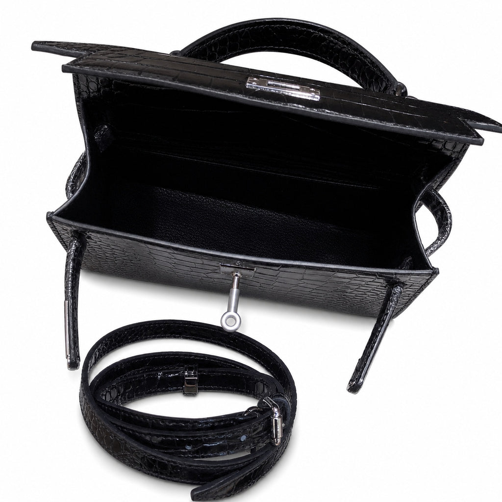 Kelly Sellier 22cm Noir Shiny Crocodile Leather Gold Hardware & Palladium Hardware Women Handbag