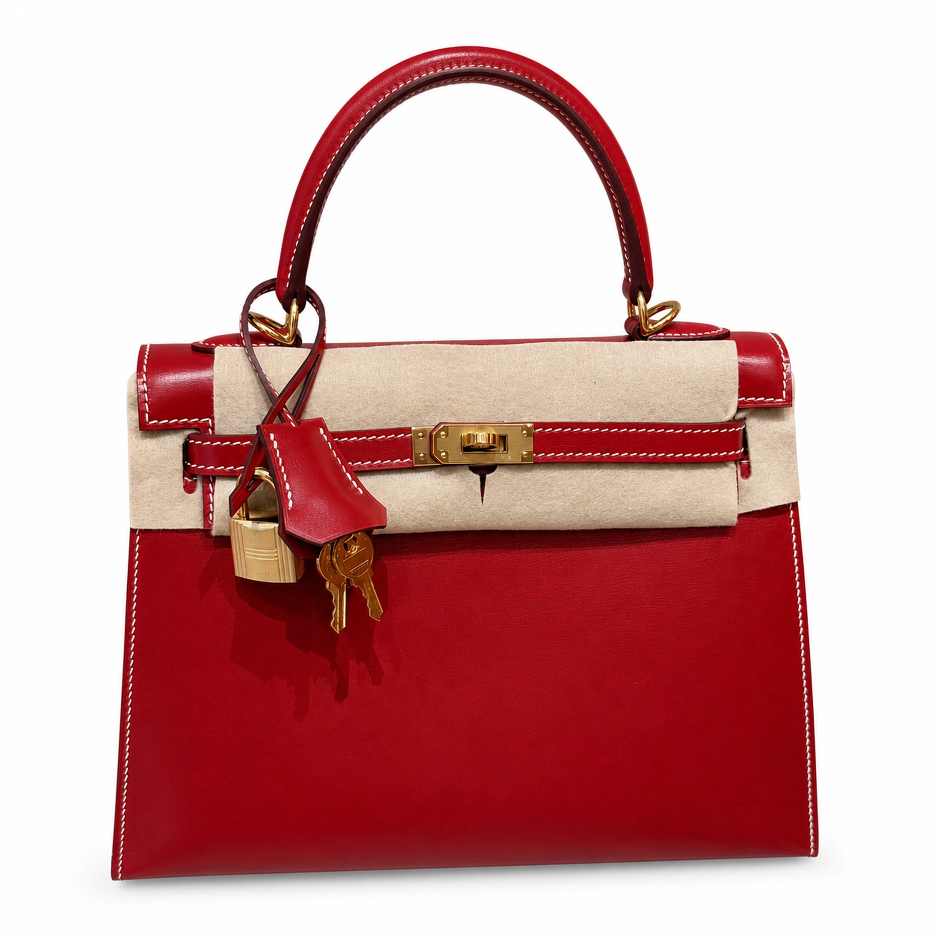 Style: Kelly Color: 5x/Rouge piment Size: 25*17*7cm Leather: Box From France Hardware: gold Kelly 25, chili red-white thread, bright cowhide imported from France, gold buckle, high-end handmade exclus