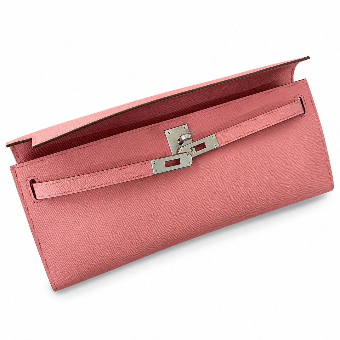 Kelly cut 31 clutch epsom milkshake powder silver buckle in stock