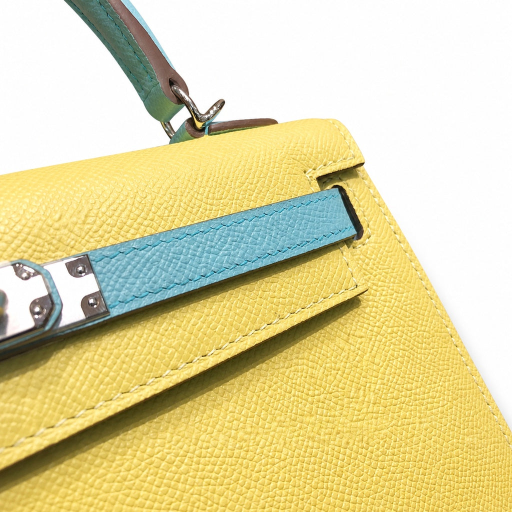 Kelly 28cm Epsom leather C9 Soufre goose egg yolk 3P BlueAtoll macaron blue top handcraft! Counter quality!