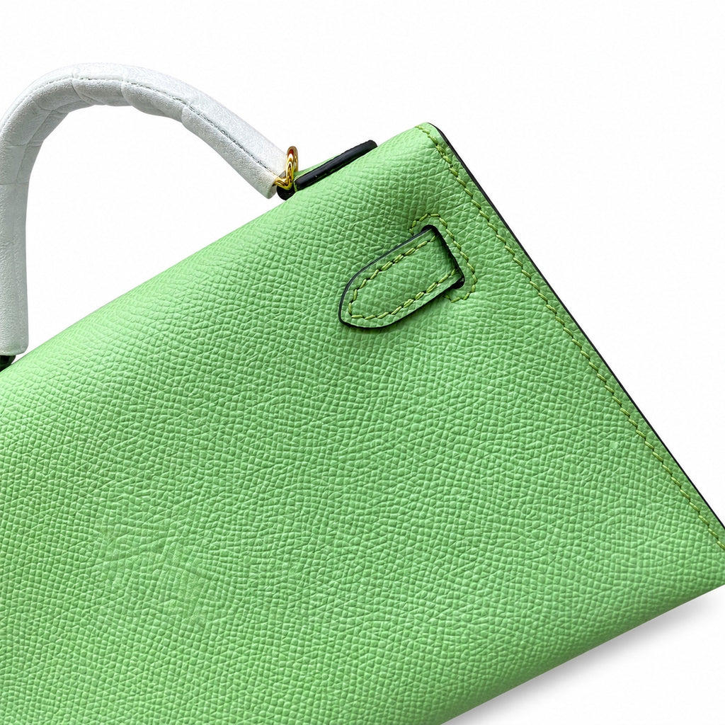 In stock: second generation Kelly 19cm imported Epsom leather avocado green 🥑 gold and silver buckle wax thread