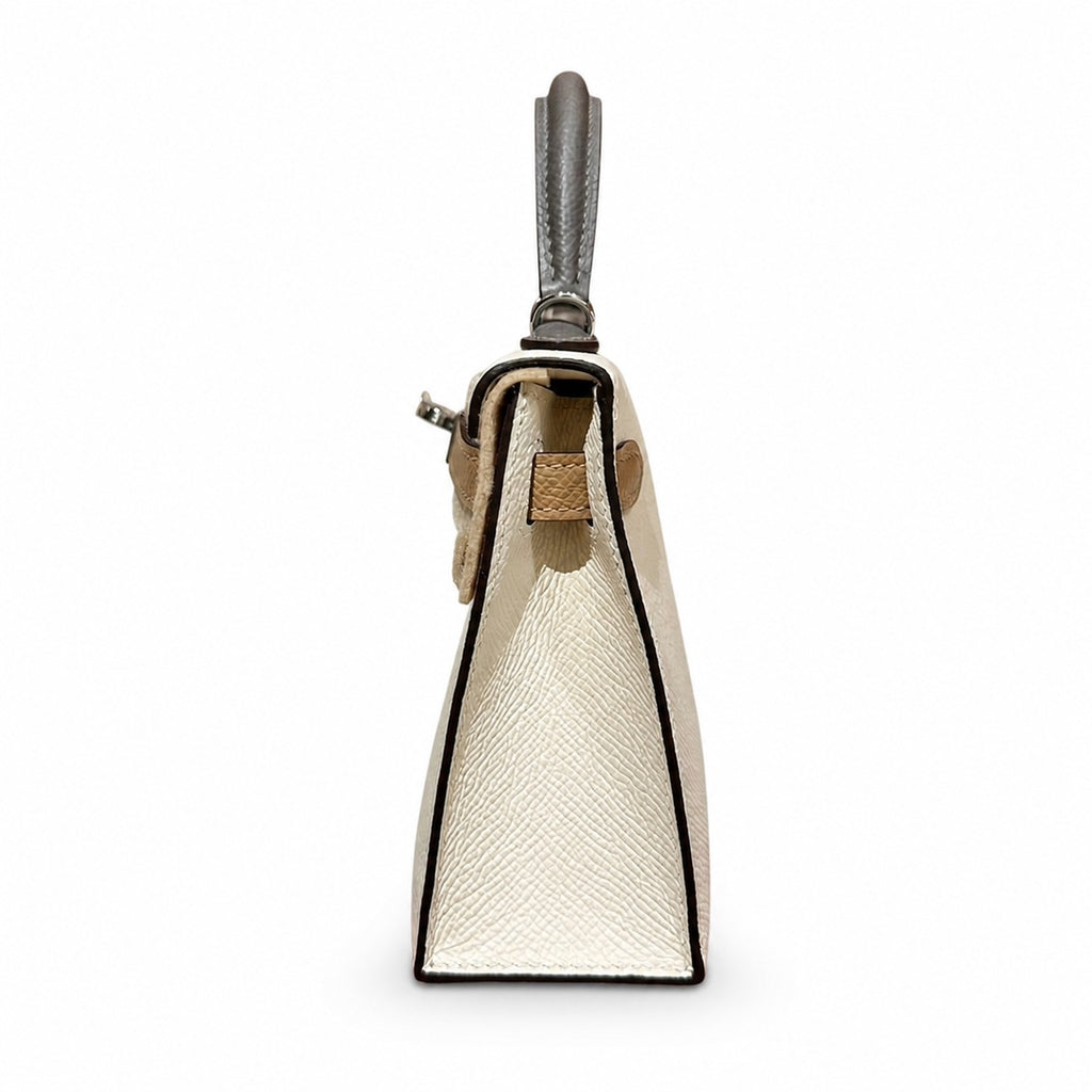 mini kelly 2, i2/Nata-0M/Chai-0L/Gris Meyer, Epsom, sliver, 19cm, all handmade‼ ️Mini Kelly II, cream white with striped milk tea color and cumulonimbus gray armband, palm print, silver buckle, 19cm,