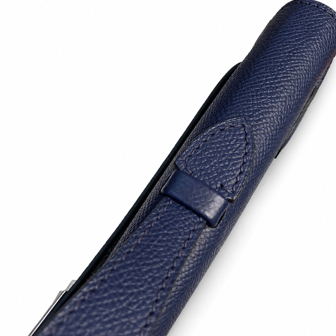 Kelly cut clutch, evening bag, epsom leather, waxed thread hand-stitching, sapphire blue, silver buckle