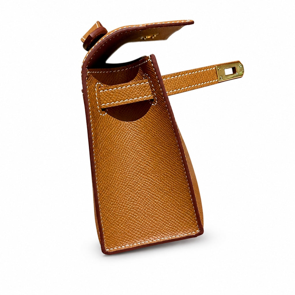mini kelly 1, ck37/Gold, Epsom, gold, 22cm, all handmade‼ ️Mini Kelly Generation, golden brown, palm print, gold buckle, 22cm, high-end fully handmade and customized‼ ️Purely hand-made nails, hand-eng