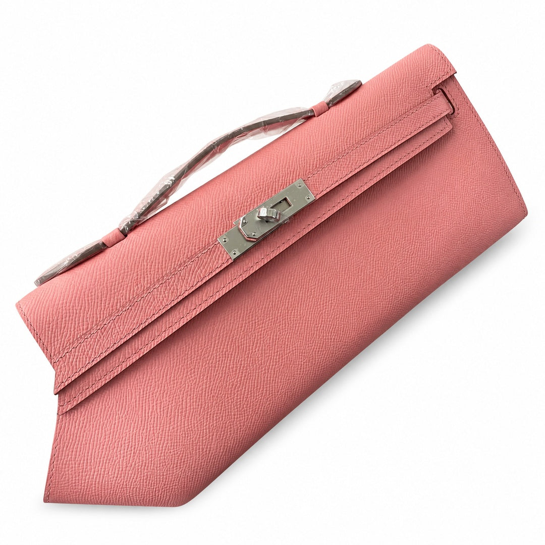 Kelly cut 31 clutch epsom milkshake powder silver buckle in stock