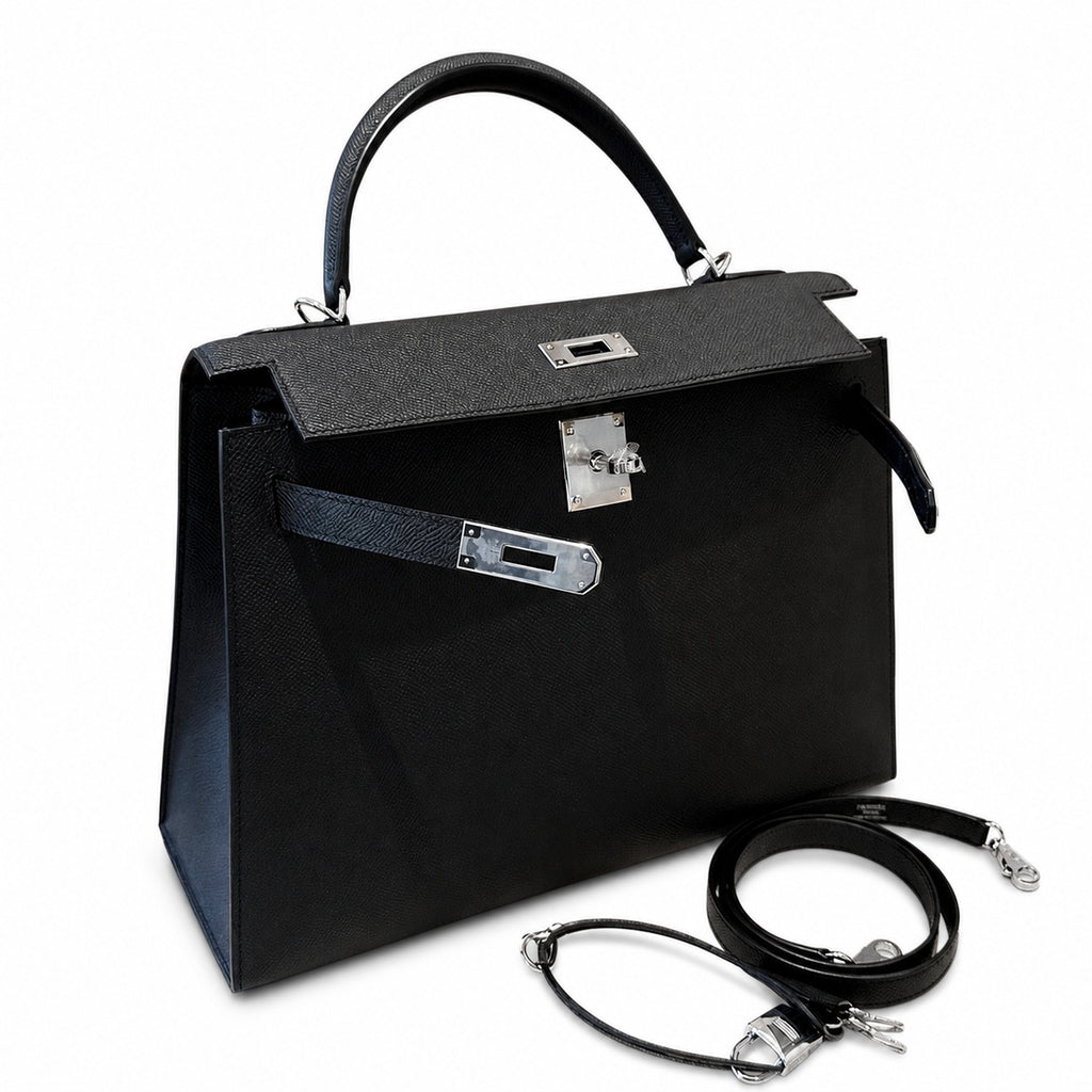 kelly32cm, ck89/Black, Epsom, sliver, all handmade‼ ️Kelly 32cm, black, palm print, silver buckle, high-end handmade exclusive customization‼ ️Purely hand-made nails, hand-engraved hardware, fine stee