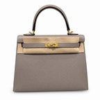kelly25cm, M8/Gris Asphalte, Epsom, gold, all handmade‼ ️Kelly 25cm, asphalt gray, palm print, gold buckle, high-end handmade exclusive customization‼ ️Purely hand-made nails, hand-engraved hardware,
