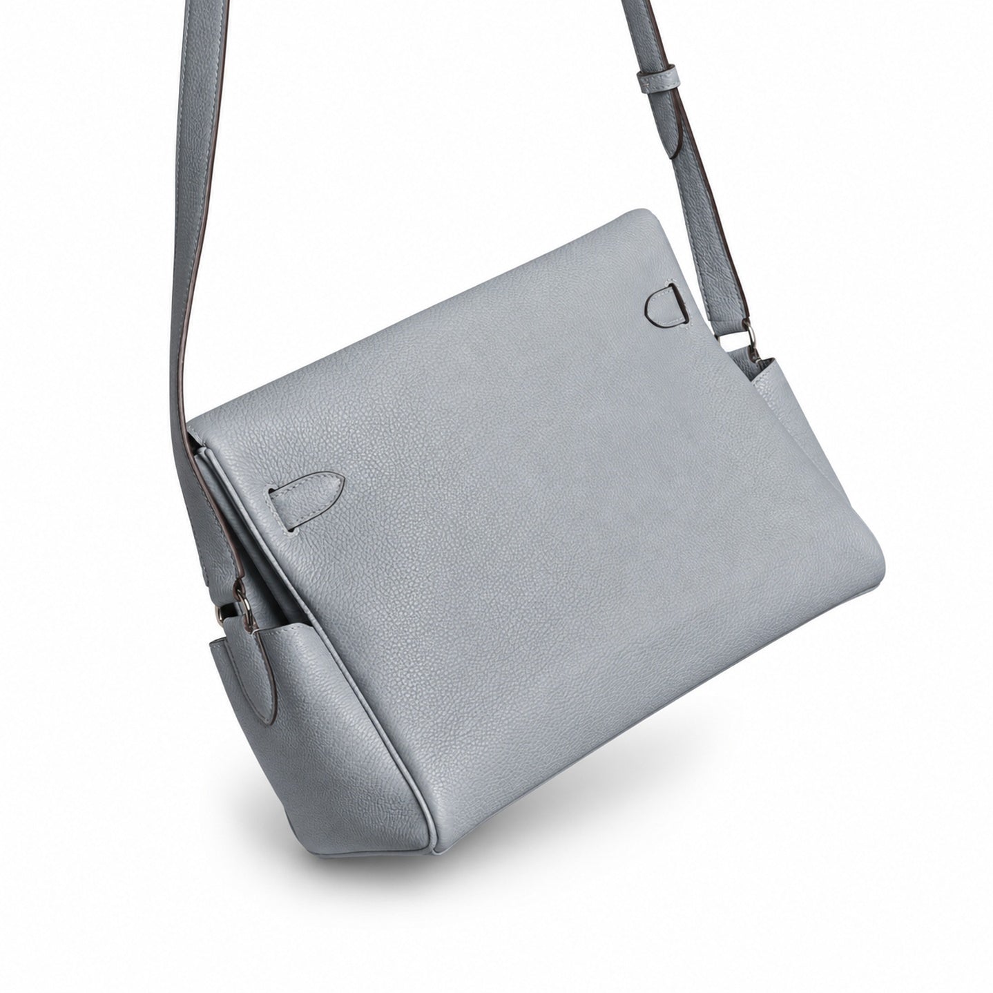 Kelly Messenger messenger bag large size, linen blue Togo leather, 🉑Pre-order Togo calfskin messenger bag. - Flap with swivel hardware - Large internal zip pocket - Internal front pocket - 2 external