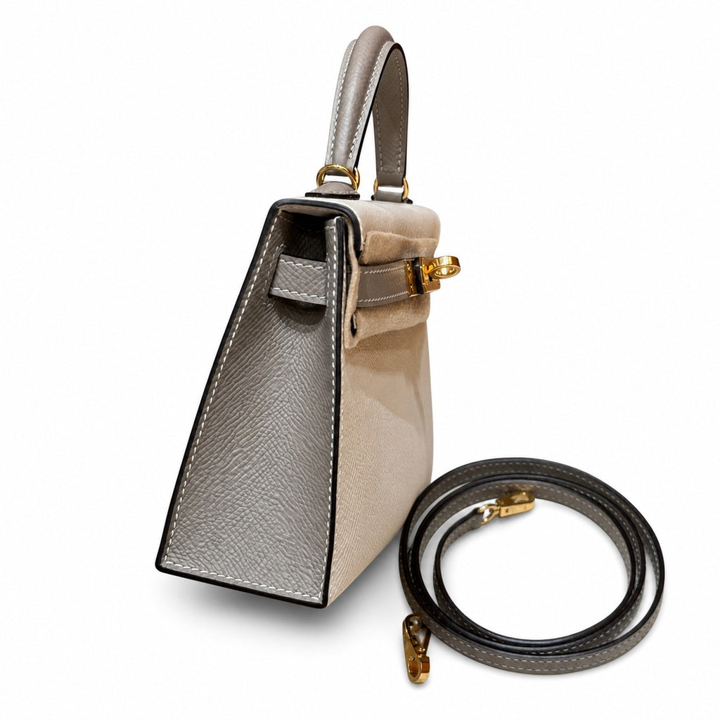 Style: mini kelly Color: ck10/craie/M8/Gris Asphalte Size: 19*12*5.5cm Leather: epsom From France Hardware: gold Mini Kelly second generation, milkshake white and starry sky gray, palm print cowhide i