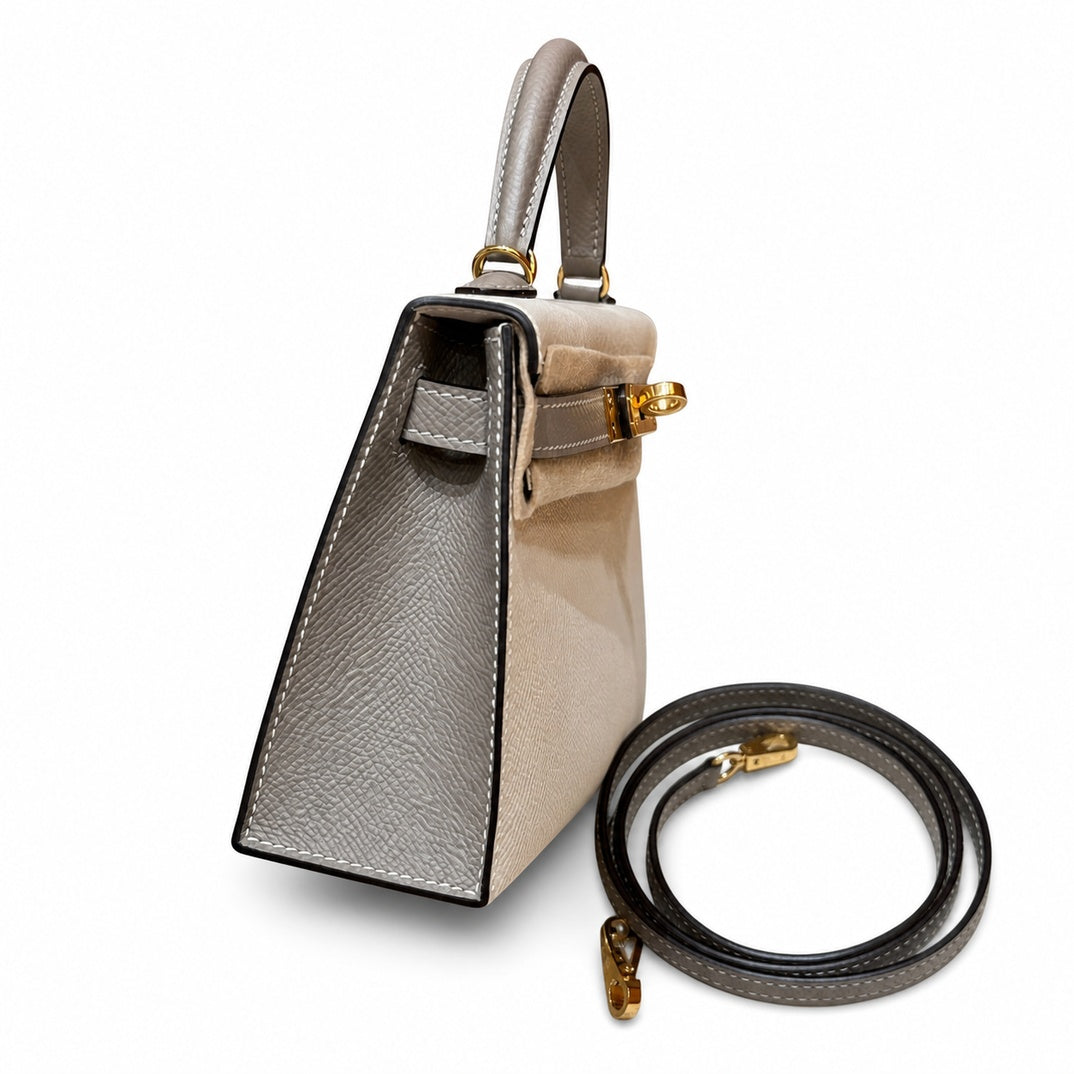 Style: mini kelly Color: ck10/craie/M8/Gris Asphalte Size: 19*12*5.5cm Leather: epsom From France Hardware: gold Mini Kelly second generation, milkshake white and starry sky gray, palm print cowhide i