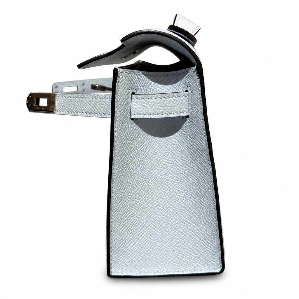 mini kelly 1, T0/Bleu Brume, Epsom, sliver, 22cm, all handmade‼ ️Mini Kelly Generation, haze blue, palm print leather, silver buckle, 22cm, high-end handmade exclusive customization‼ ️Purely hand-made