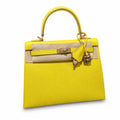 Style: Kelly Color: 9R/Lime Size: 25*17*7cm Leather: eposm From France Hardware: rose gold Kelly 25, lemon yellow, palmprint cowhide imported from France, gold buckle, high-end handmade exclusive cust