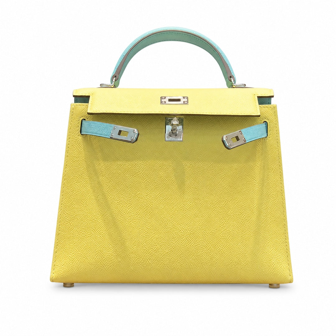 Kelly 28cm Epsom leather C9 Soufre goose egg yolk 3P BlueAtoll macaron blue top handcraft! Counter quality!