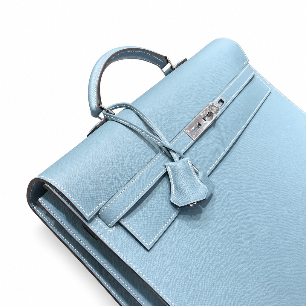 Kelly briefcase 38cm Epsom leather 75 Bleu Jean denim blue top handcraft! Counter quality!