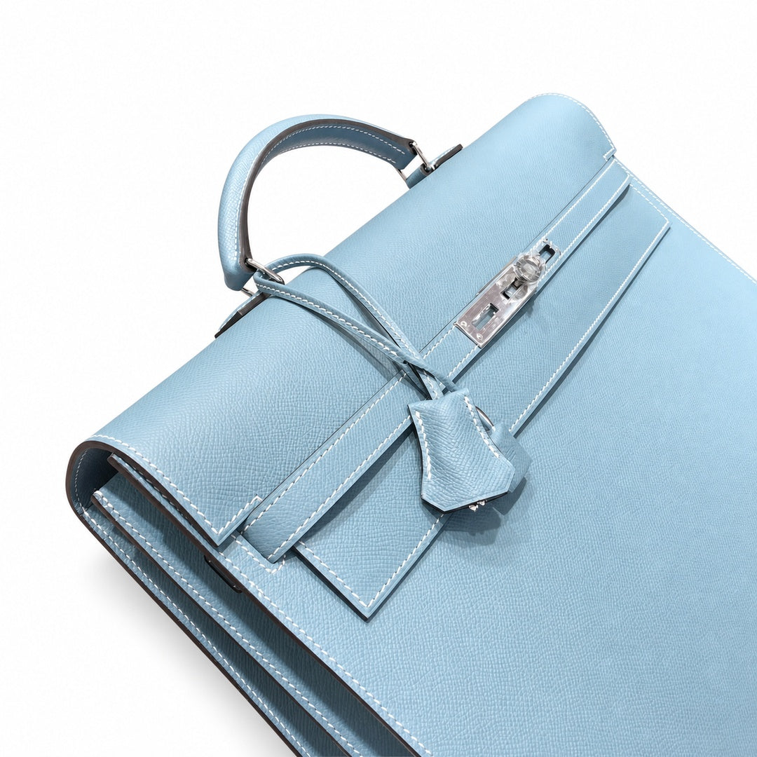 Kelly briefcase 38cm Epsom leather 75 Bleu Jean denim blue top handcraft! Counter quality!