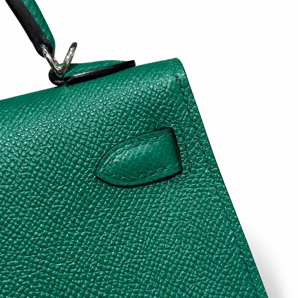 mini kelly 2, U4/Vert Verigo, Epsom, silver, 19cm, all handmade‼ ️Mini Kelly II, velvet green, palm print, silver buckle, 19cm, high-end fully handmade and customized‼ ️Purely hand-made nails, hand-en